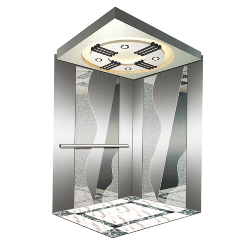 VTSP131 Cabină modernă de lift comercial cu podea anti-alunecare cu zgomot redus din oțel inoxidabil și panouri LED